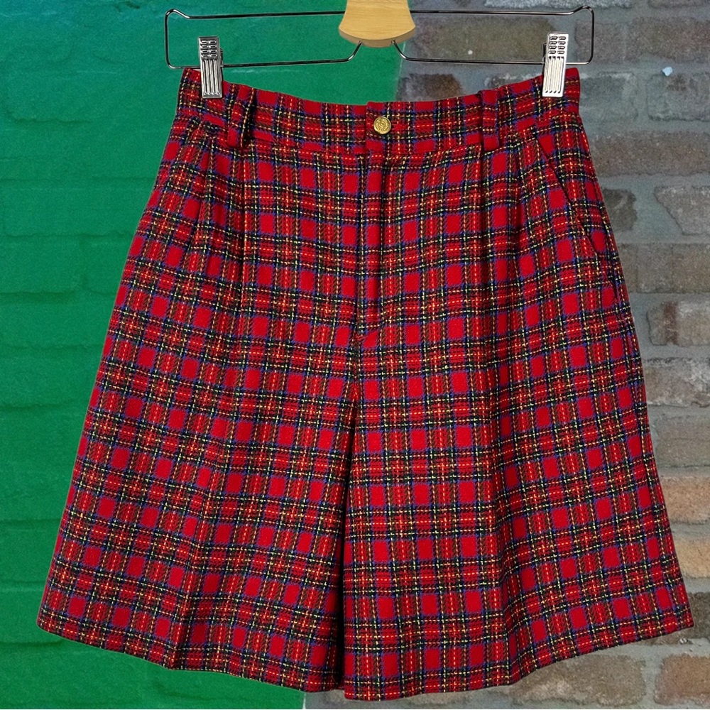 Vintage Plaid Shorts Pin-tuck Pleated High Waist Shorts Wool Holiday Plaid